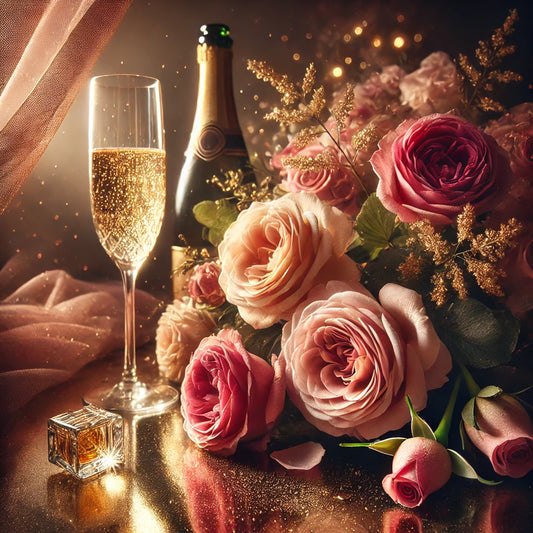 Luxe setting met een glas champagne, een fles op de achtergrond, een parfumflesje en een boeket roze en rode rozen, omgeven door gouden sprankels.
