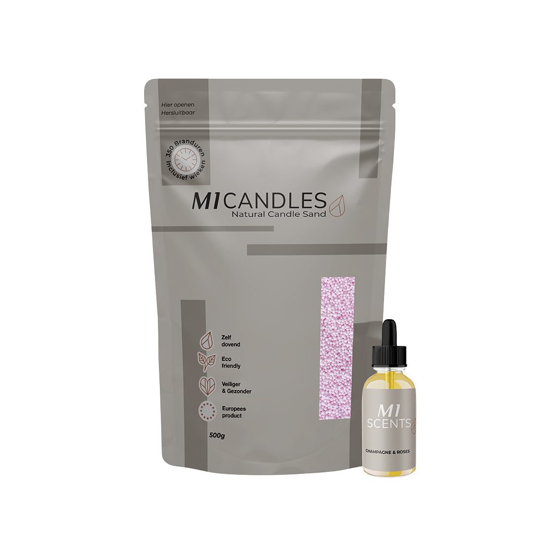 M1 Candles set met 500g kaarsenzand in roze tint en een flesje M1 Scents geur olie Champagne & Roses – duurzaam, herbruikbaar en stijlvol kaarsenconcept.