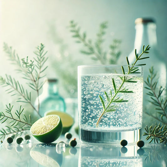 Verfrissende gin-tonic in een glas met bruisend water, een takje rozemarijn en een halve limoen, omringd door groene takjes en bessen op een glanzend oppervlak.