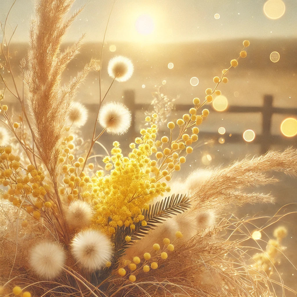 Zonnig veld met gele mimosa-bloemen en pluizige witte zaadhoofden, omgeven door gouden zonnestralen en een houten hek op de achtergrond.