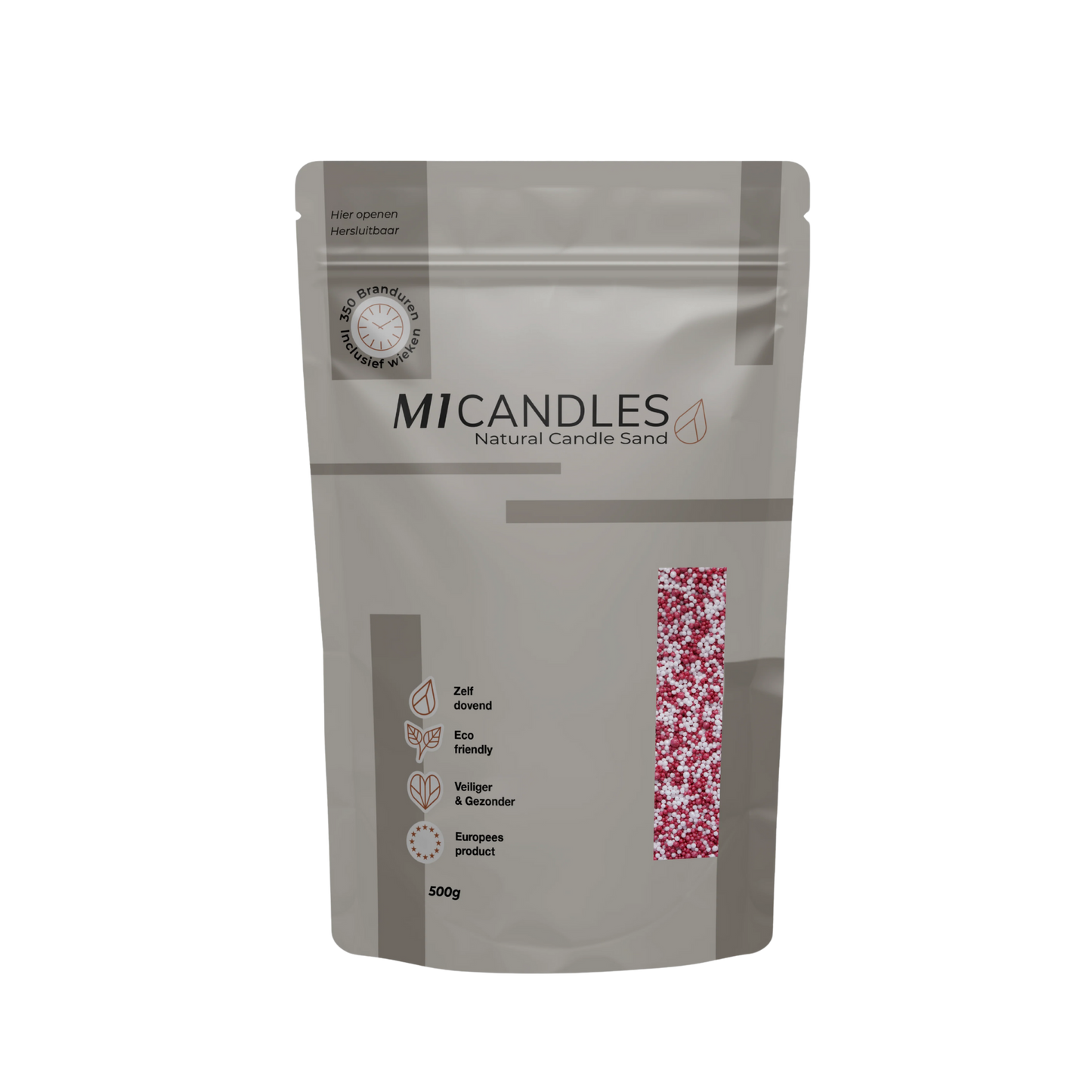 Herbruikbare verpakking van 500g M1 Candles kaarsenzand candy cane, eco friendly, zelfdovend en geproduceerd in Europa.