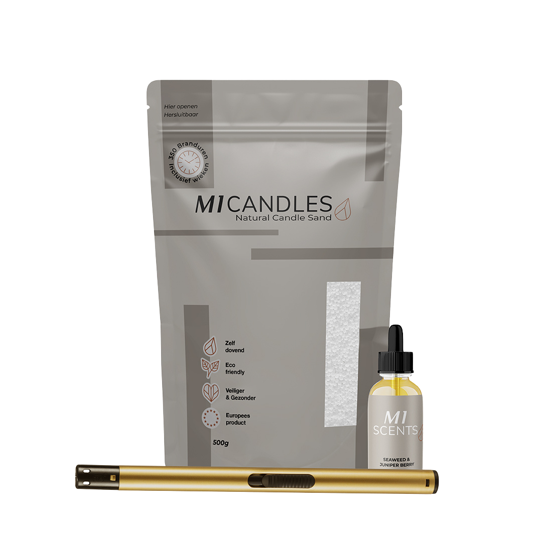 Luxe pakket van M1 Candles met kaarsenzand, geurolie en aansteker – duurzaam, herbruikbaar en veilig kaarsconcept.