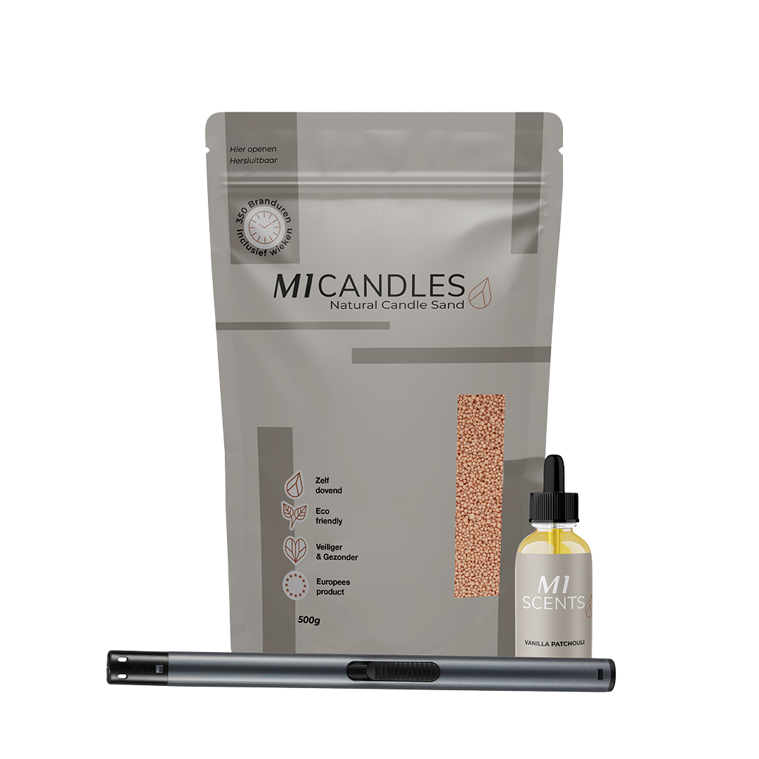 Luxe pakket van M1 Candles met kaarsenzand, geurolie en aansteker – duurzaam, herbruikbaar en veilig kaarsconcept.