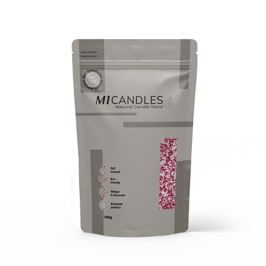 Herbruikbare verpakking van 500g M1 Candles kaarsenzand candy cane, eco friendly, zelfdovend en geproduceerd in Europa.