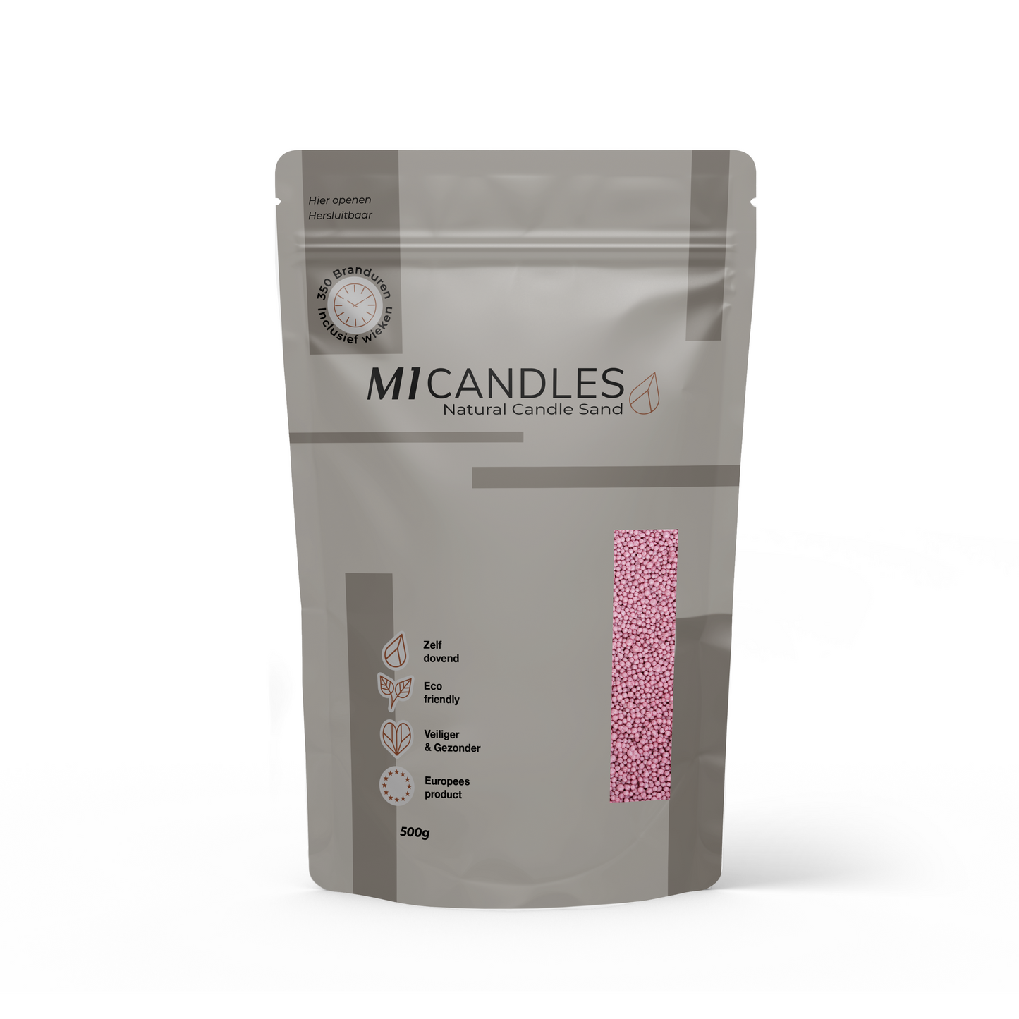 Herbruikbare verpakking van 500g M1 Candles kaarsenzand rosewood, eco friendly, zelfdovend en geproduceerd in Europa.