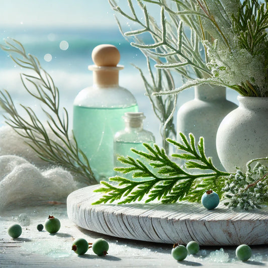 Frisse maritieme setting met glazen flesjes gevuld met lichtblauwe vloeistof, omringd door groene takken, bessen en witte keramische vazen, met de zee op de achtergrond.