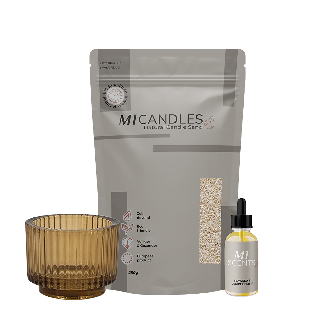 Starterspakket Plus van M1 Candles met kaarsenzand, geurolie en glazen houder – duurzaam en herbruikbaar kaarsconcept.