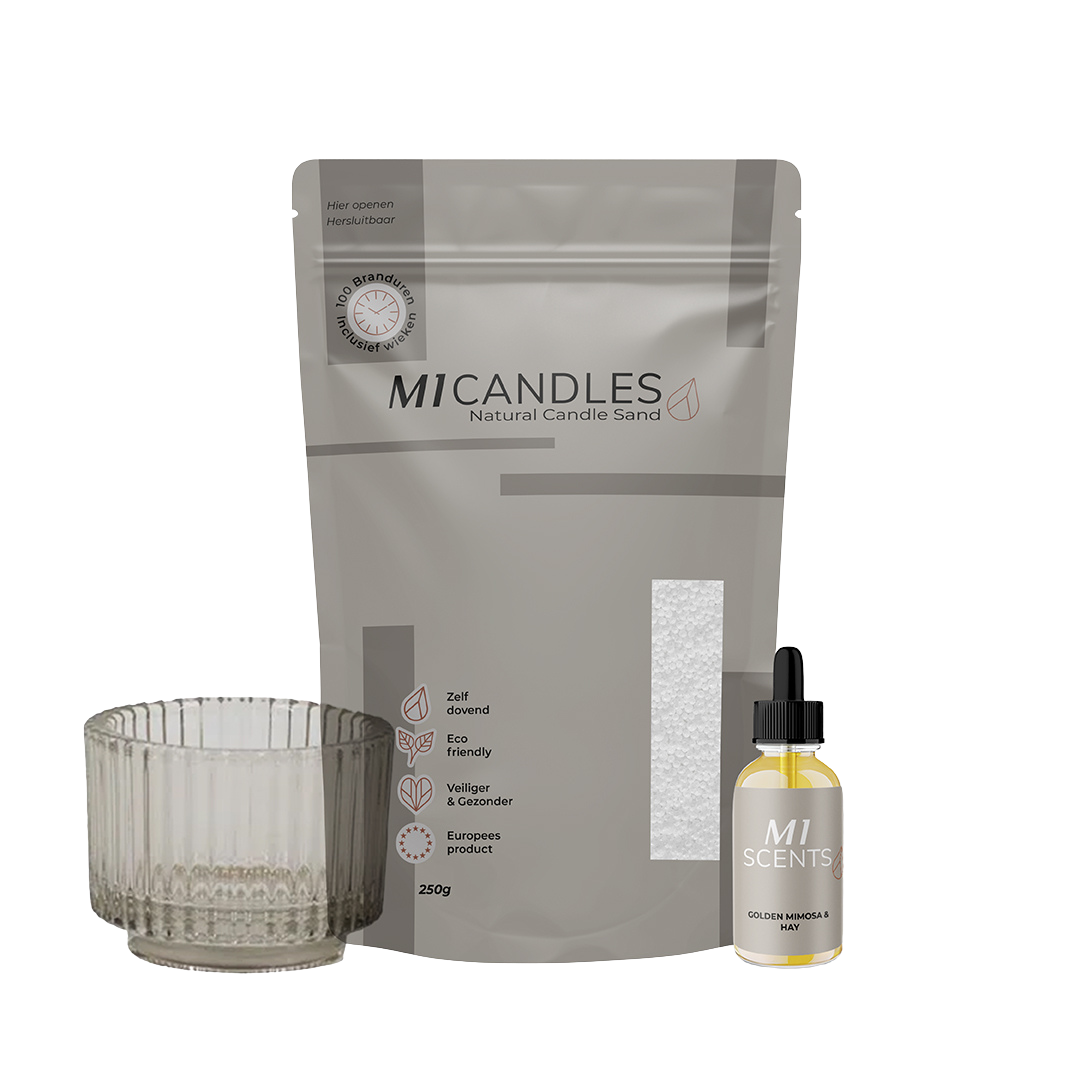 Starterspakket Plus van M1 Candles met kaarsenzand, geurolie en glazen houder – duurzaam en herbruikbaar kaarsconcept.