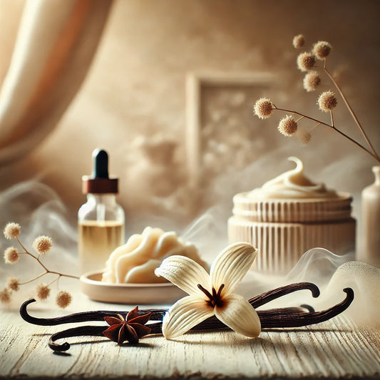 Warme, elegante setting met een vanillebloem, vanillestokjes, steranijs en verzorgingsproducten zoals crème en olie, omgeven door zachte decoratieve takjes.