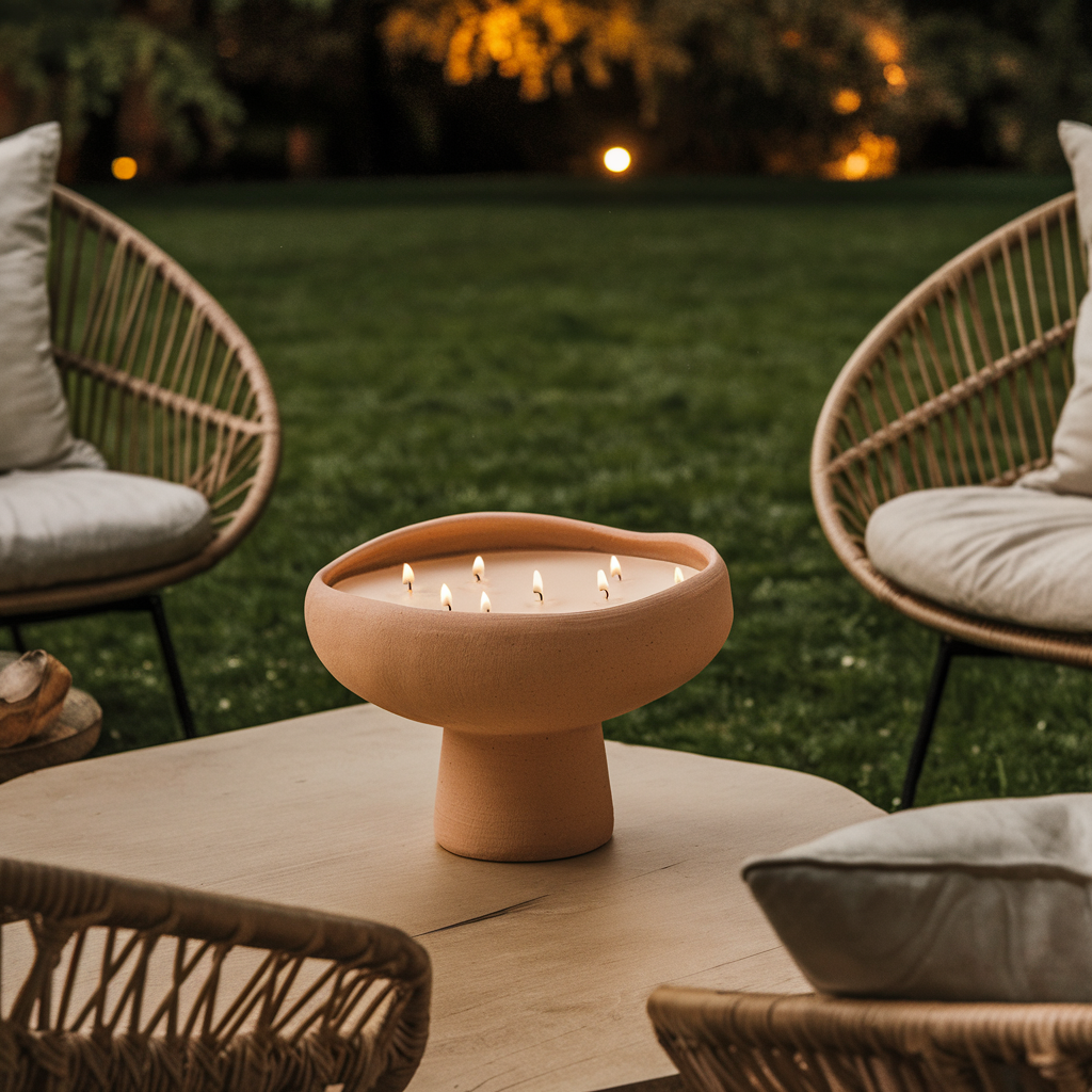 Gezellige tuinsetting in de avond met rotanstoelen en kussens rond een tafel, waarop een grote terracotta schaal met meerdere brandende lonten staat.