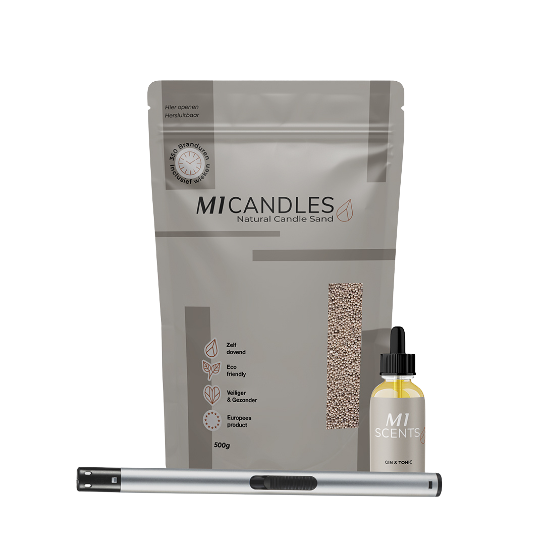 Luxe pakket van M1 Candles met kaarsenzand, geurolie en aansteker – duurzaam, herbruikbaar en veilig kaarsconcept.