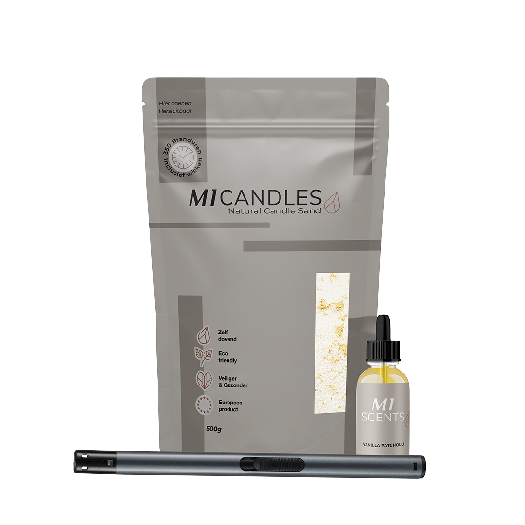Luxe pakket van M1 Candles met kaarsenzand, geurolie en aansteker – duurzaam, herbruikbaar en veilig kaarsconcept.