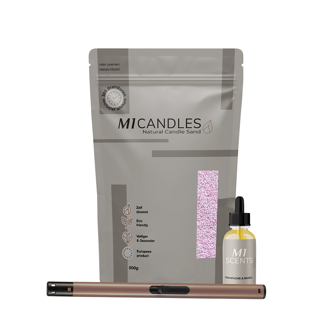 Luxe pakket van M1 Candles met kaarsenzand, geurolie en aansteker – duurzaam, herbruikbaar en veilig kaarsconcept.