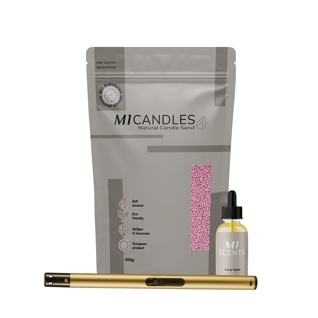 Luxe pakket van M1 Candles met kaarsenzand, geurolie en aansteker – duurzaam, herbruikbaar en veilig kaarsconcept.