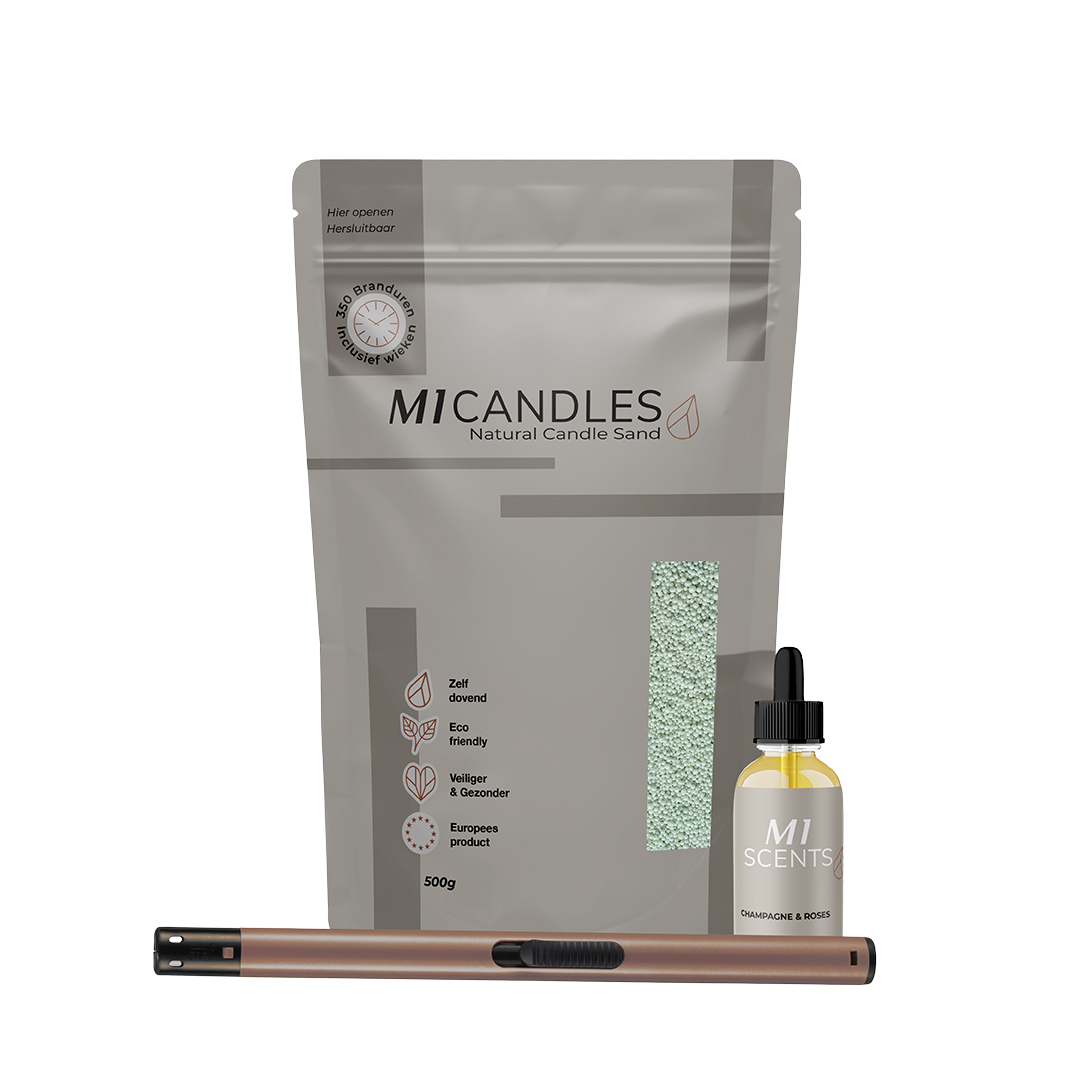 Luxe pakket van M1 Candles met kaarsenzand, geurolie en aansteker – duurzaam, herbruikbaar en veilig kaarsconcept.