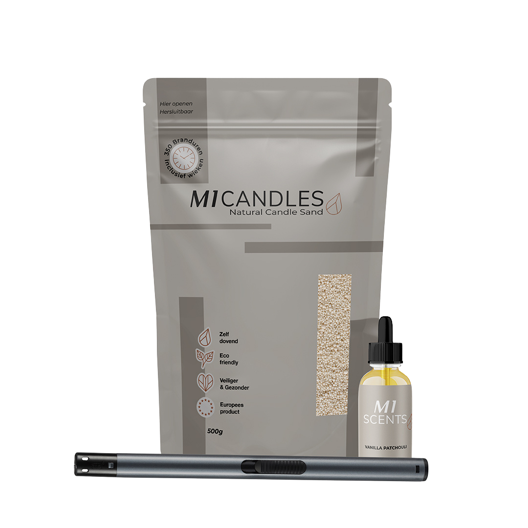 Luxe pakket van M1 Candles met kaarsenzand, geurolie en aansteker – duurzaam, herbruikbaar en veilig kaarsconcept.
