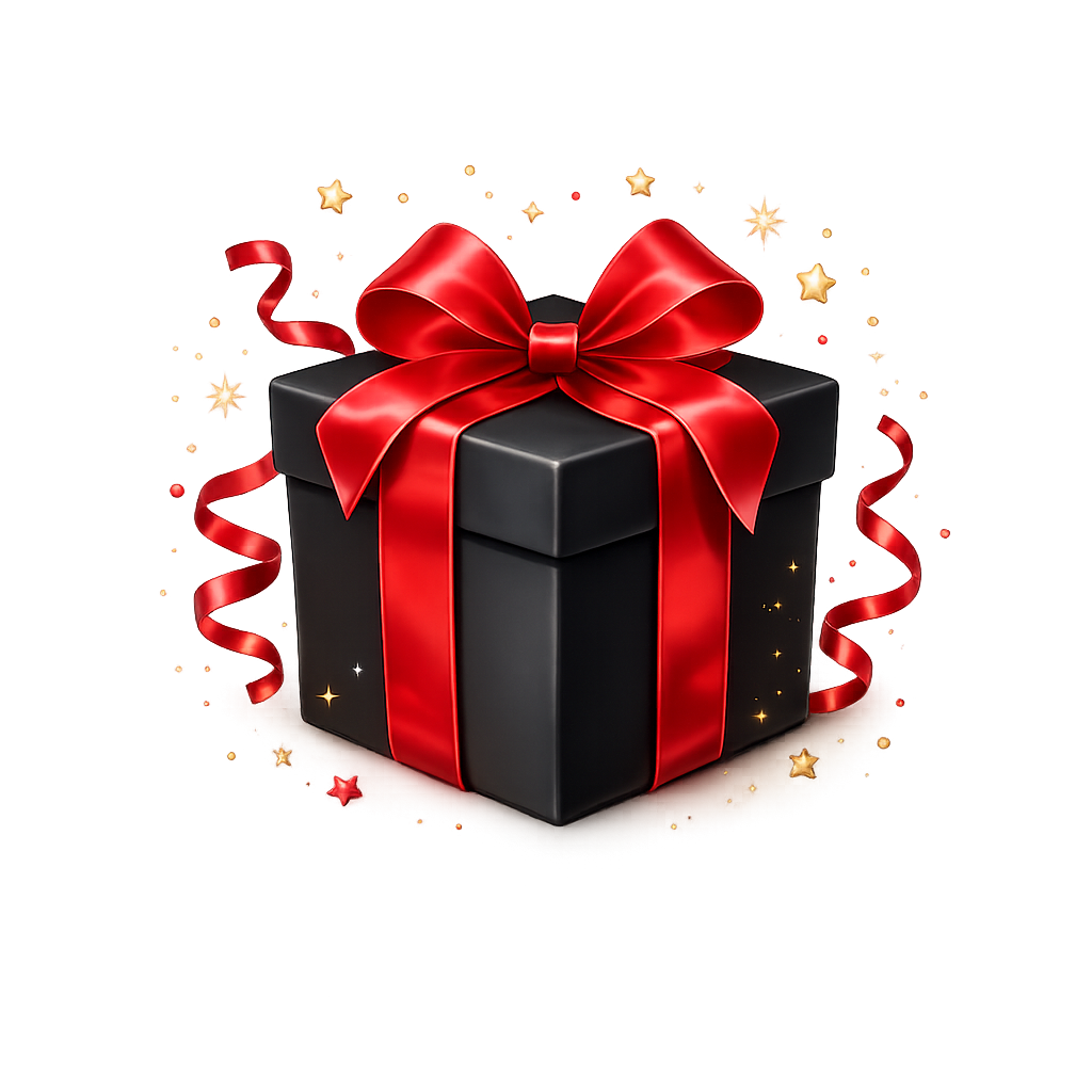 Zwarte geschenkdoos met glanzende rode strik en lint, luxe cadeauverpakking met feestelijke sterren en linten op transparante achtergrond, gebruikt als optie voor cadeauverpakking in webshop.