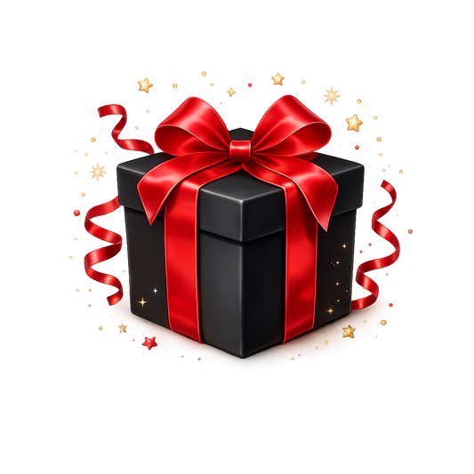 Zwarte geschenkdoos met glanzende rode strik en lint, luxe cadeauverpakking met feestelijke sterren en linten op transparante achtergrond, gebruikt als optie voor cadeauverpakking in webshop.