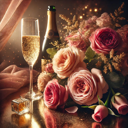 Luxe setting met een glas champagne, een fles op de achtergrond, een parfumflesje en een boeket roze en rode rozen, omgeven door gouden sprankels.