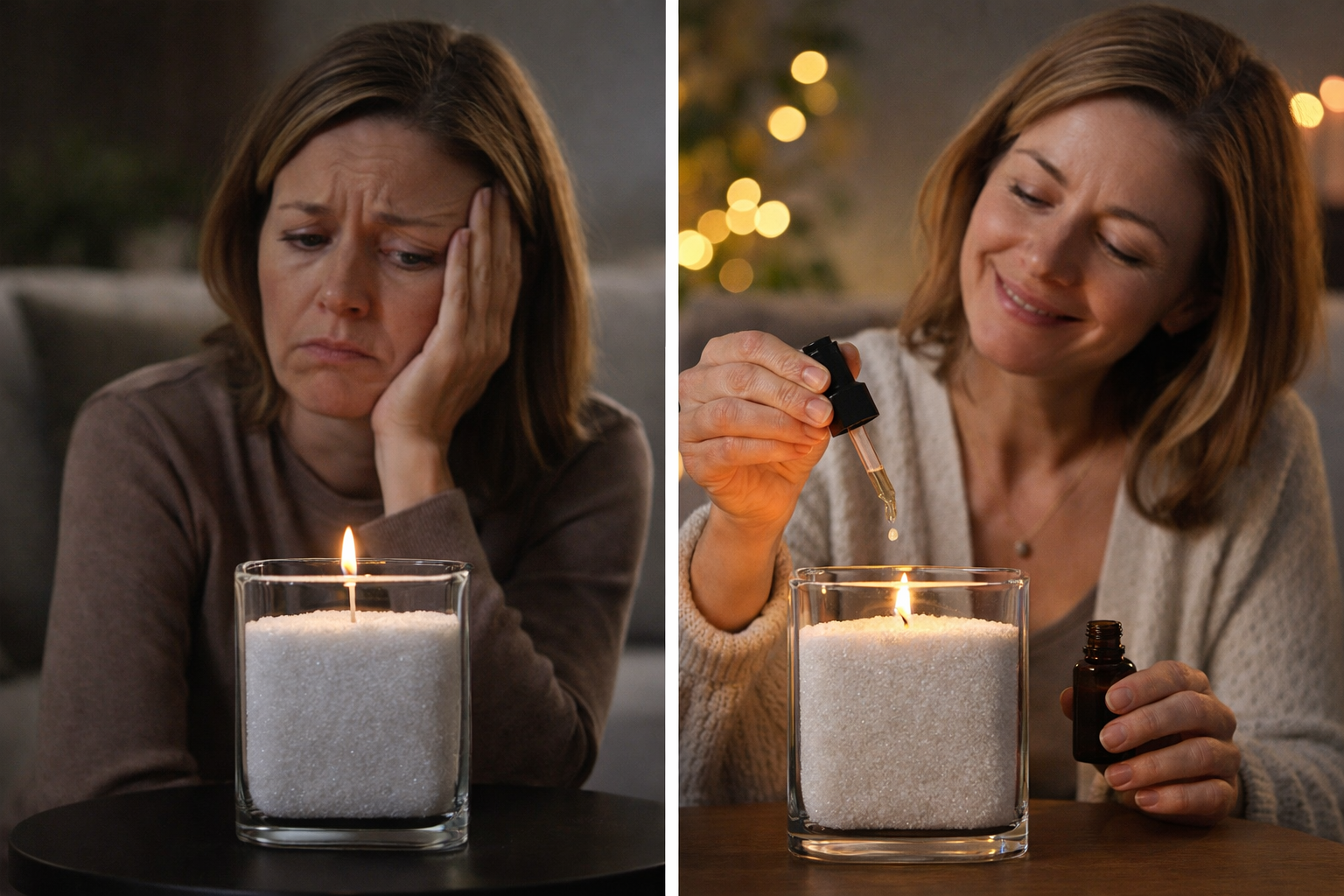 Voor en na vergelijking: vrouw teleurgesteld bij een gewone kaars en tevreden terwijl ze geurolie toevoegt aan kaarsenzand voor meer sfeer en geur.
