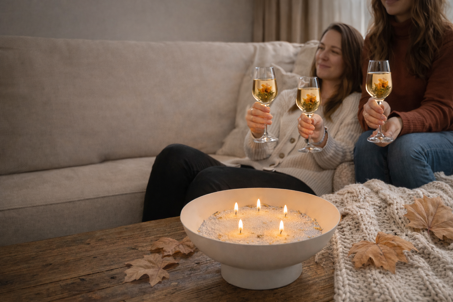Gezellige woonkamer met vriendinnen die theebloemen drinken naast een grote schaal met brandende kaarsen van kaarsenzand voor extra sfeer.