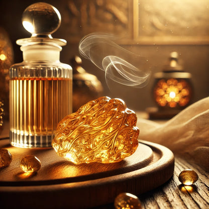 Warme, luxe setting met een amberkleurige edelsteen die subtiel rook afgeeft, omringd door gouden decorstukken en een karaf gevuld met amberkleurige vloeistof.