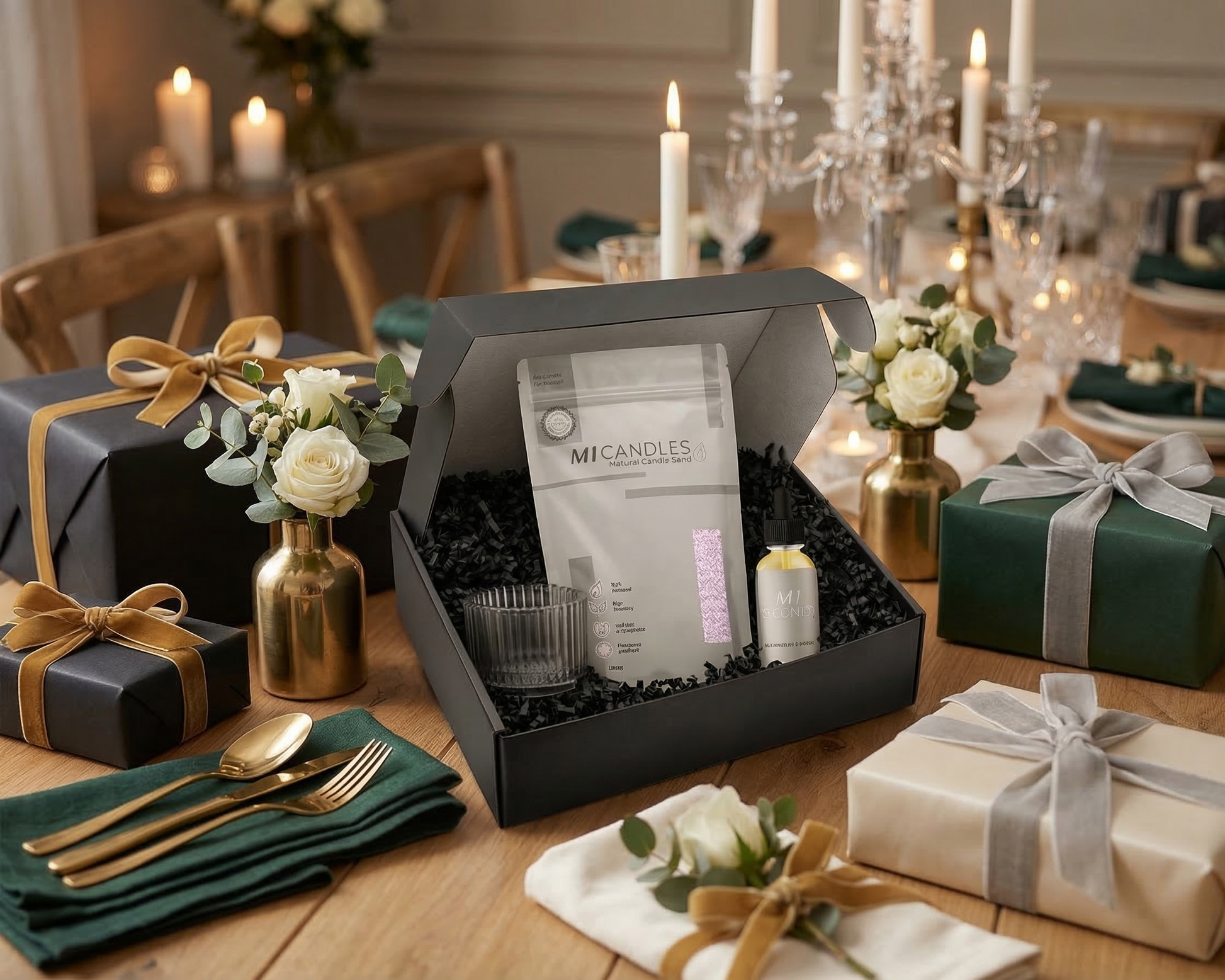 Luxe cadeaupakket van M1 Candles met kaarsenzand, geurolie en glazen kaarshouder, gepresenteerd op een feestelijke tafel met geschenken en kaarslicht.