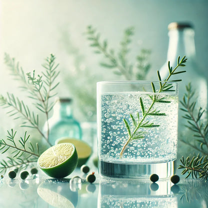 Verfrissende gin-tonic in een glas met bruisend water, een takje rozemarijn en een halve limoen, omringd door groene takjes en bessen op een glanzend oppervlak.