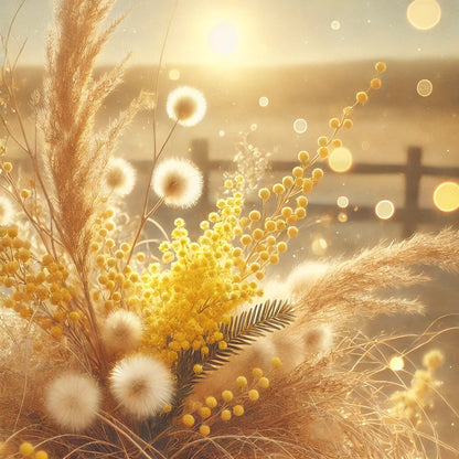 Zonnig veld met gele mimosa-bloemen en pluizige witte zaadhoofden, omgeven door gouden zonnestralen en een houten hek op de achtergrond.