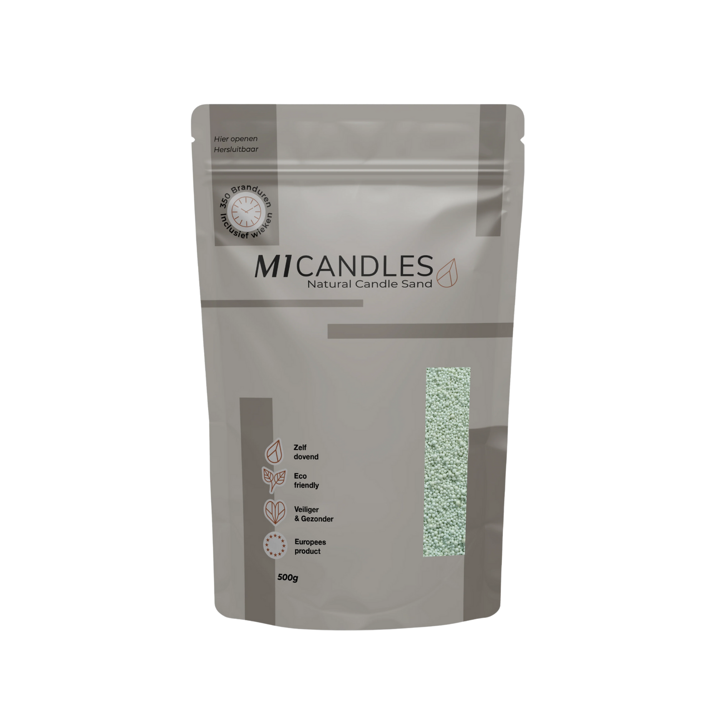 Herbruikbare verpakking van 500g M1 Candles kaarsenzand sage, eco friendly, zelfdovend en geproduceerd in Europa.