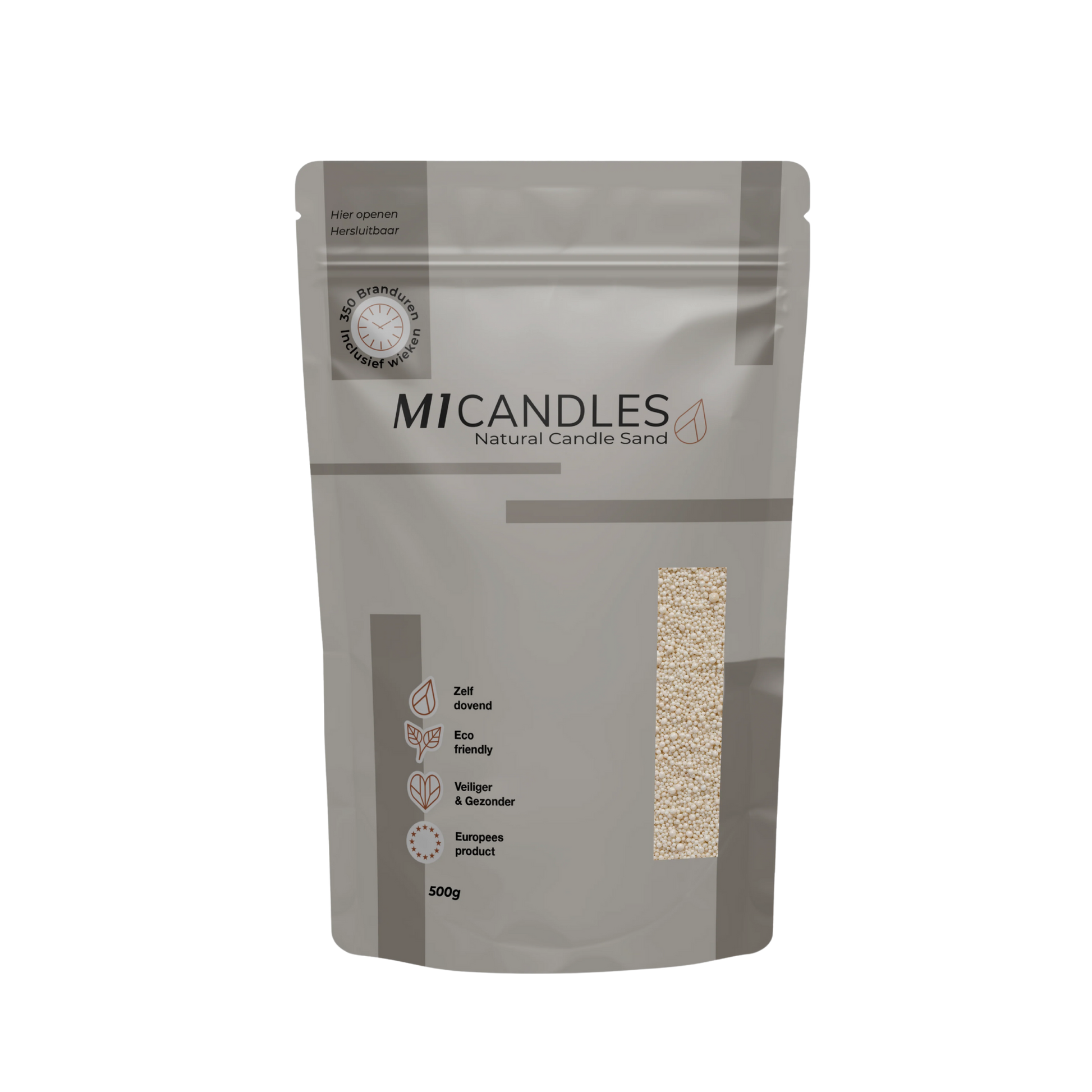 Herbruikbare verpakking van 500g M1 Candles kaarsenzand sand, eco friendly, zelfdovend en geproduceerd in Europa.
