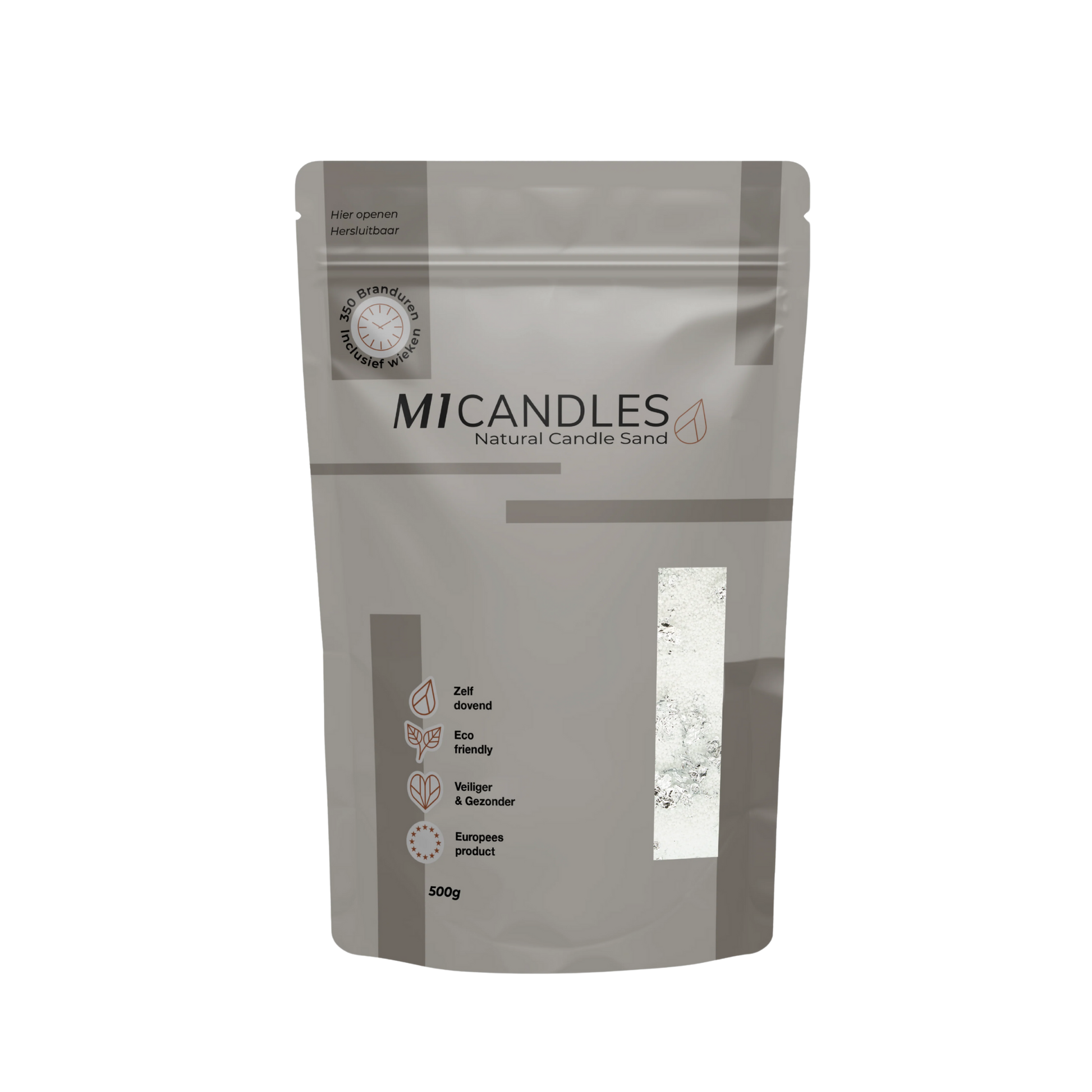 Herbruikbare verpakking van 500g M1 Candles kaarsenzand silver mess, eco friendly, zelfdovend en geproduceerd in Europa.