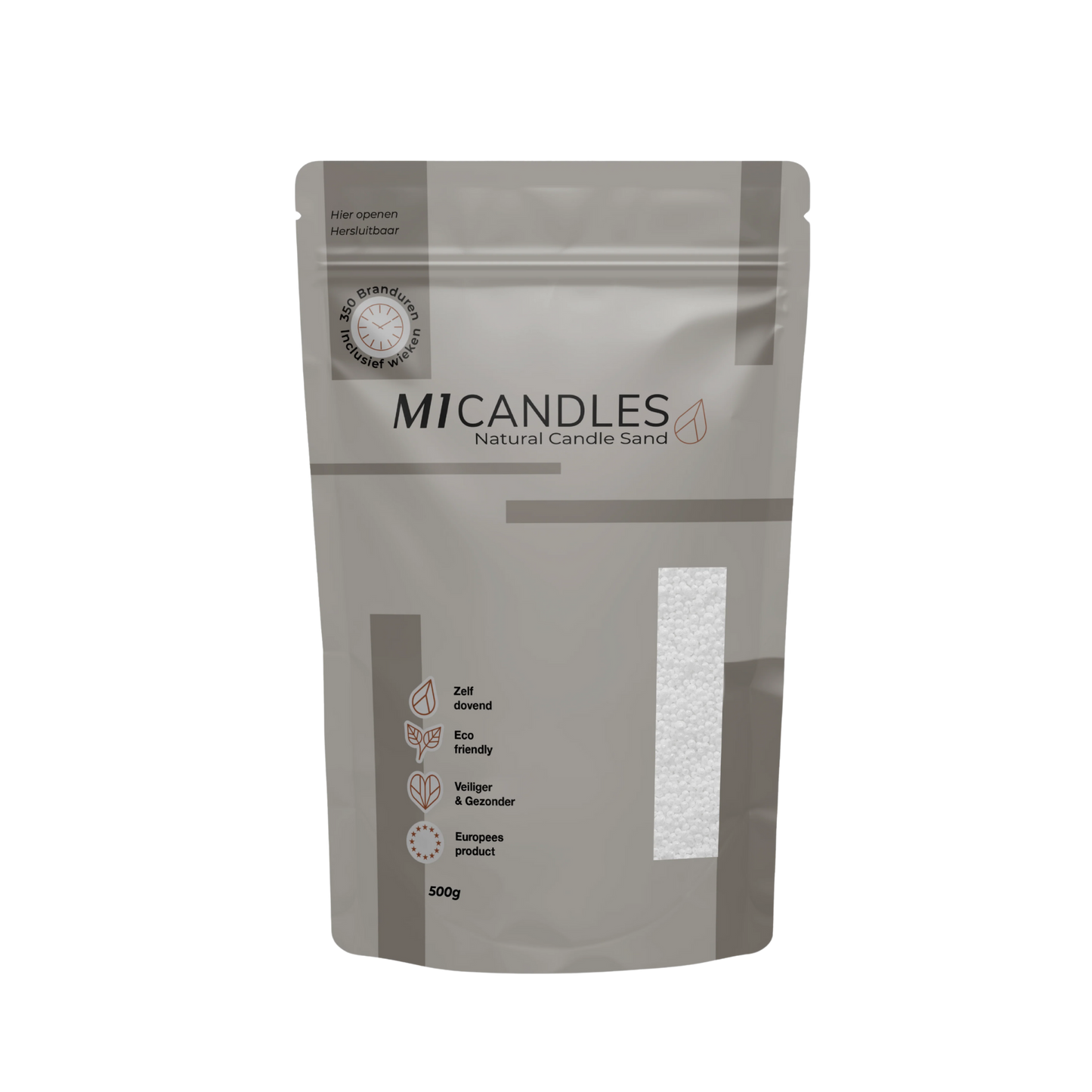 Herbruikbare verpakking van 500g M1 Candles kaarsenzand snow white, eco friendly, zelfdovend en geproduceerd in Europa.