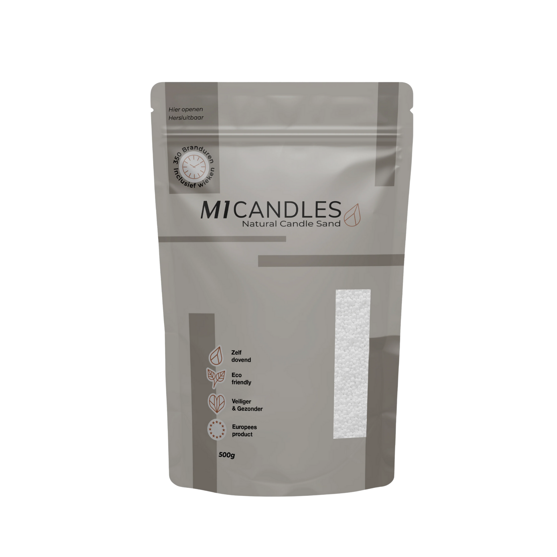 Herbruikbare verpakking van 500g M1 Candles kaarsenzand snow white, eco friendly, zelfdovend en geproduceerd in Europa.