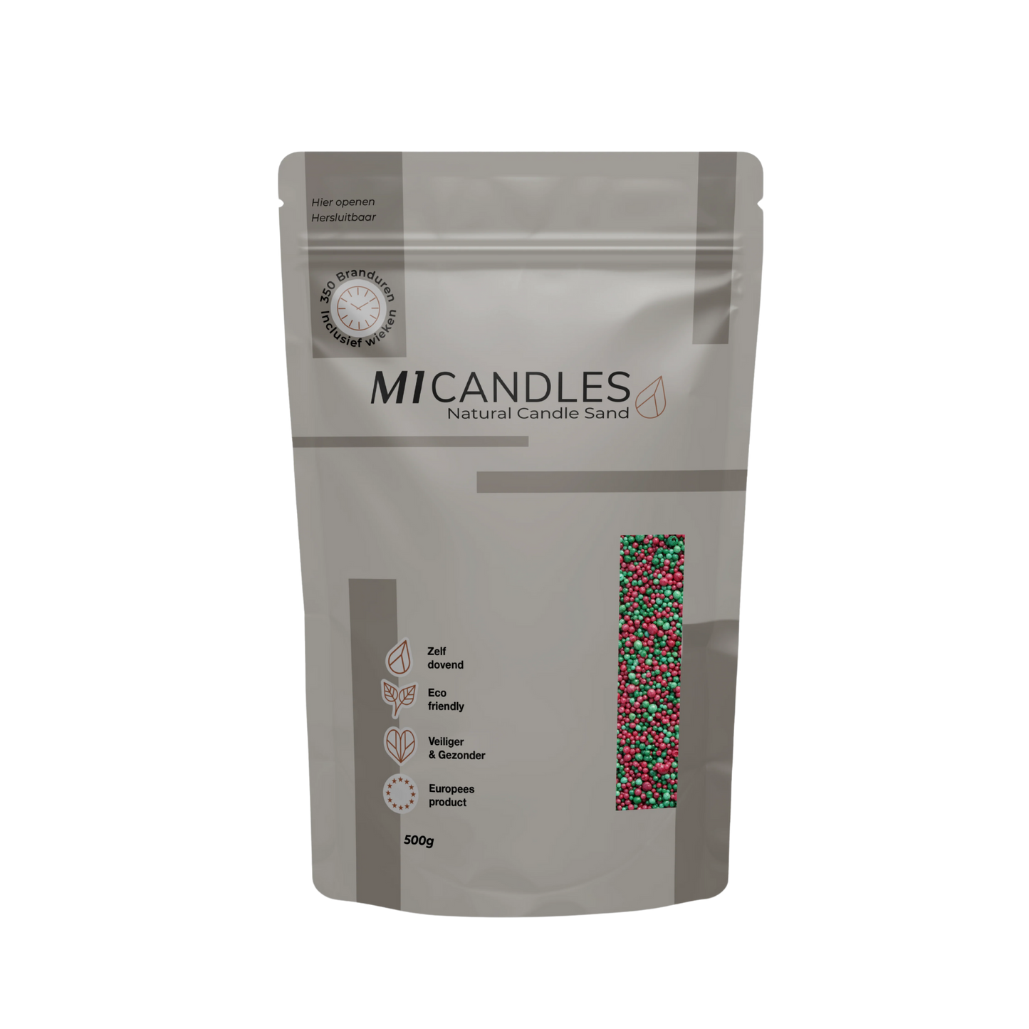 Herbruikbare verpakking van 500g M1 Candles kaarsenzand x-mas, eco friendly, zelfdovend en geproduceerd in Europa.