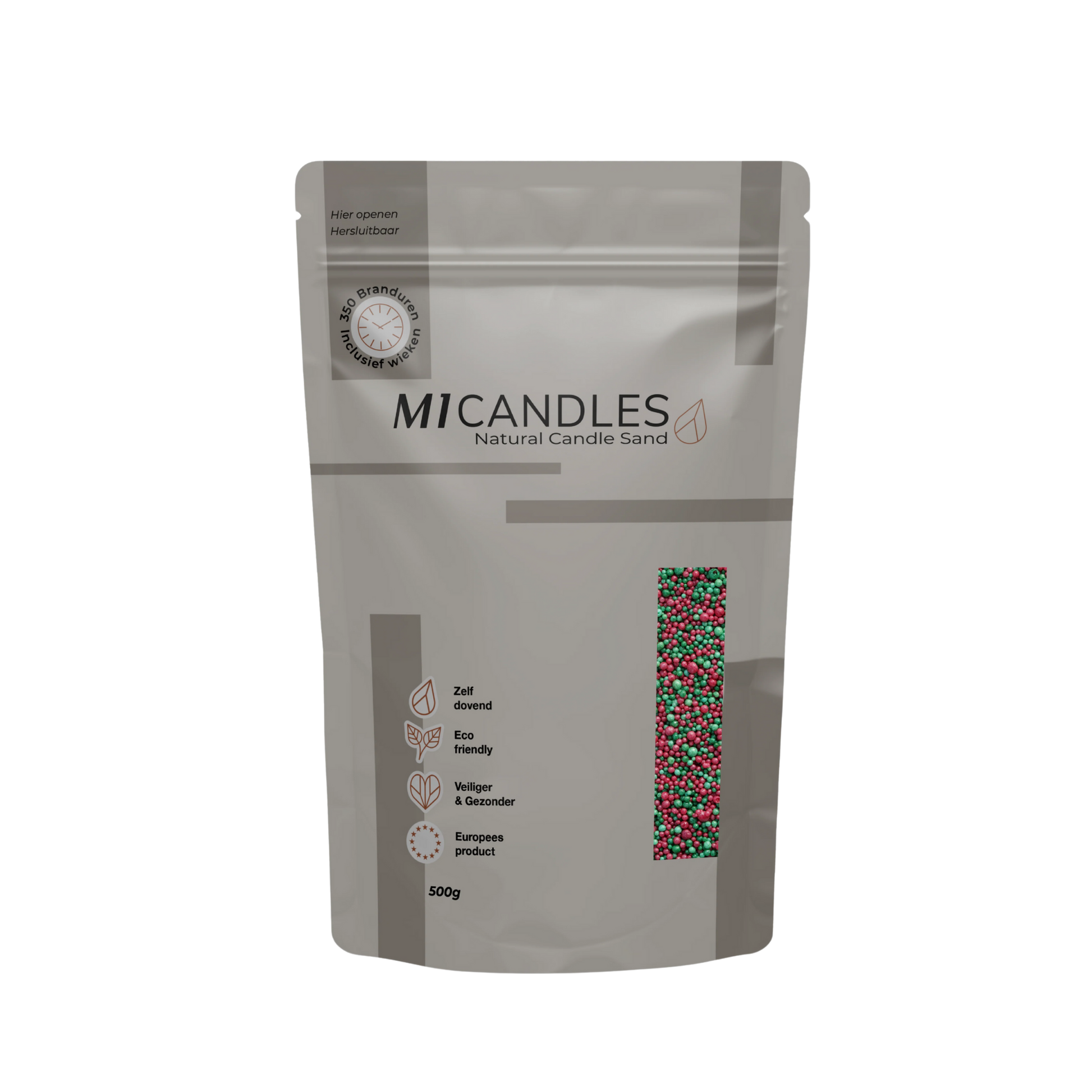 Herbruikbare verpakking van 500g M1 Candles kaarsenzand x-mas, eco friendly, zelfdovend en geproduceerd in Europa.