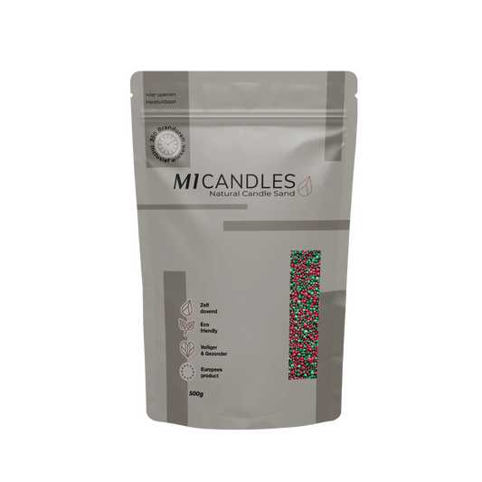 Herbruikbare verpakking van 500g M1 Candles kaarsenzand x-mas, eco friendly, zelfdovend en geproduceerd in Europa.
