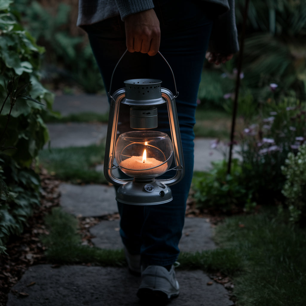 Persoon wandelt buiten met een metalen lantaarn gevuld met brandend kaarsenzand, verlichtend pad in schemerige tuinomgeving.