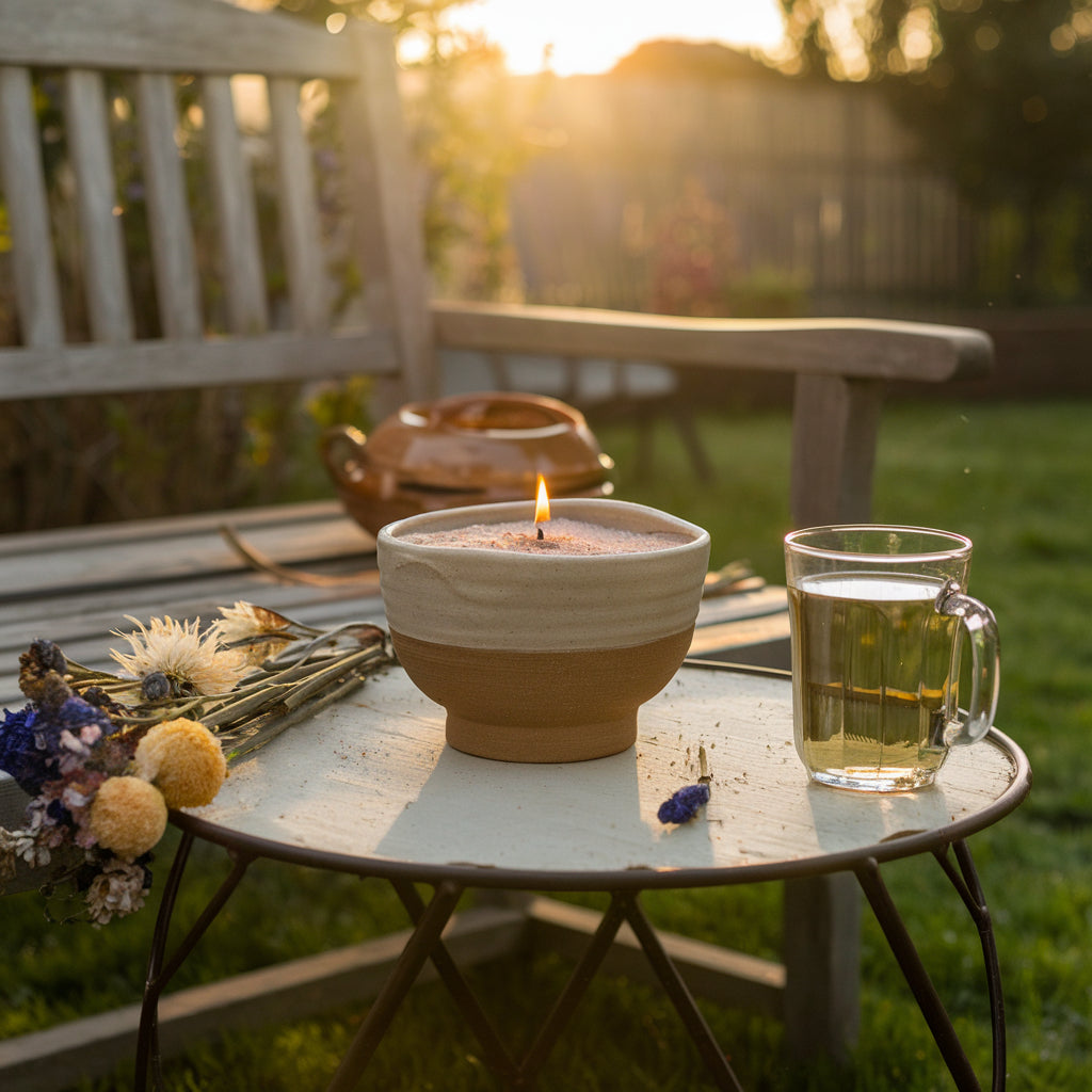 Rustiek tafereel in de tuin met een brandende kaars in een keramische houder op een ronde tafel, naast een glas thee en een bosje gedroogde bloemen, bij zonsondergang.
