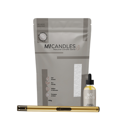 Luxe pakket van M1 Candles met kaarsenzand, geurolie en aansteker – duurzaam, herbruikbaar en veilig kaarsconcept.