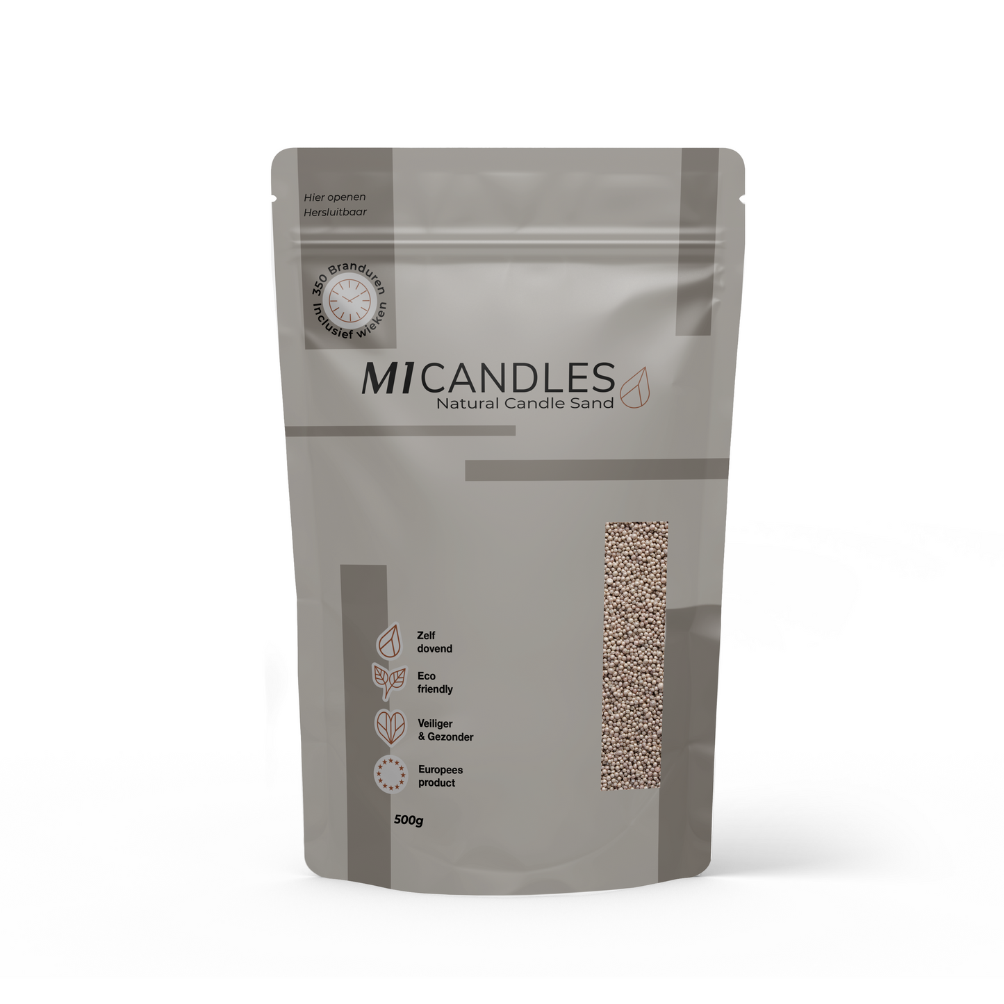 Herbruikbare verpakking van 500g M1 Candles kaarsenzand brownie, eco friendly, zelfdovend en geproduceerd in Europa.