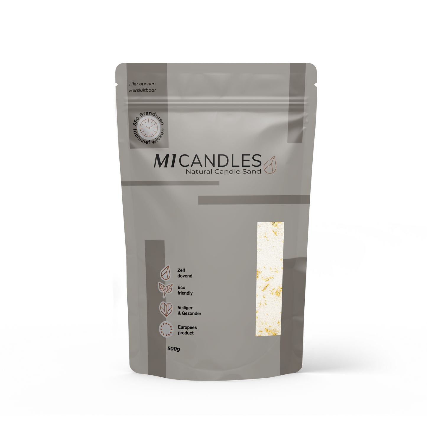 Herbruikbare verpakking van 500g M1 Candles kaarsenzand golden mess , eco friendly, zelfdovend en geproduceerd in Europa.
