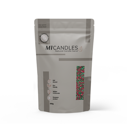 Herbruikbare verpakking van 500g M1 Candles kaarsenzand x-mas, eco friendly, zelfdovend en geproduceerd in Europa.