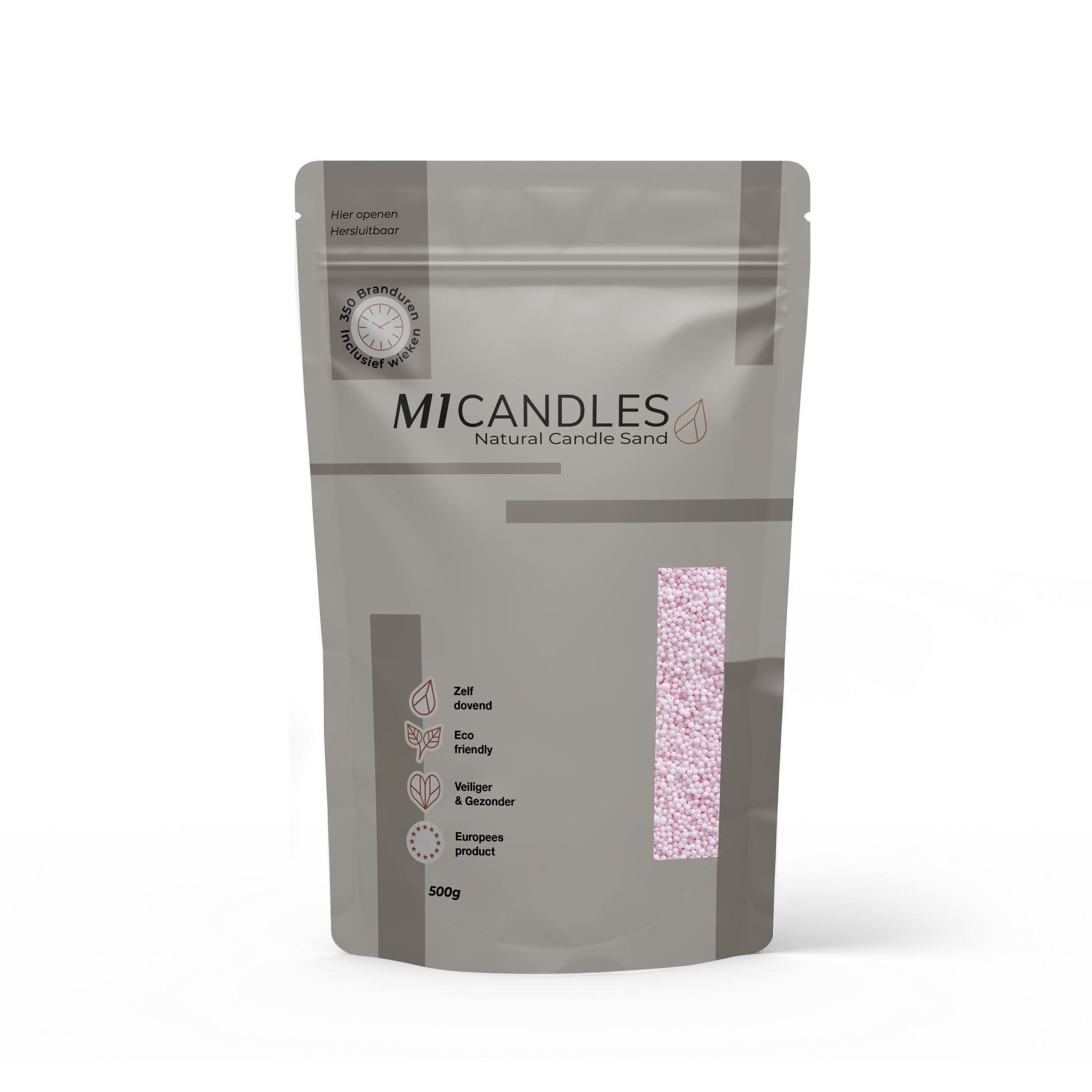 Herbruikbare verpakking van 500g M1 Candles kaarsenzand perfectly pink, eco friendly, zelfdovend en geproduceerd in Europa.