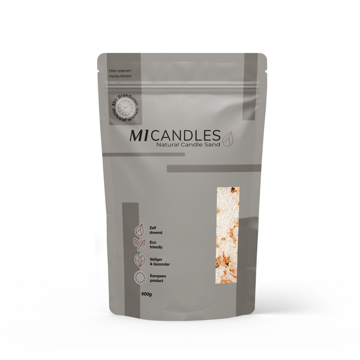 Herbruikbare verpakking van 500g M1 Candles kaarsenzand rose golden mess, eco friendly, zelfdovend en geproduceerd in Europa.