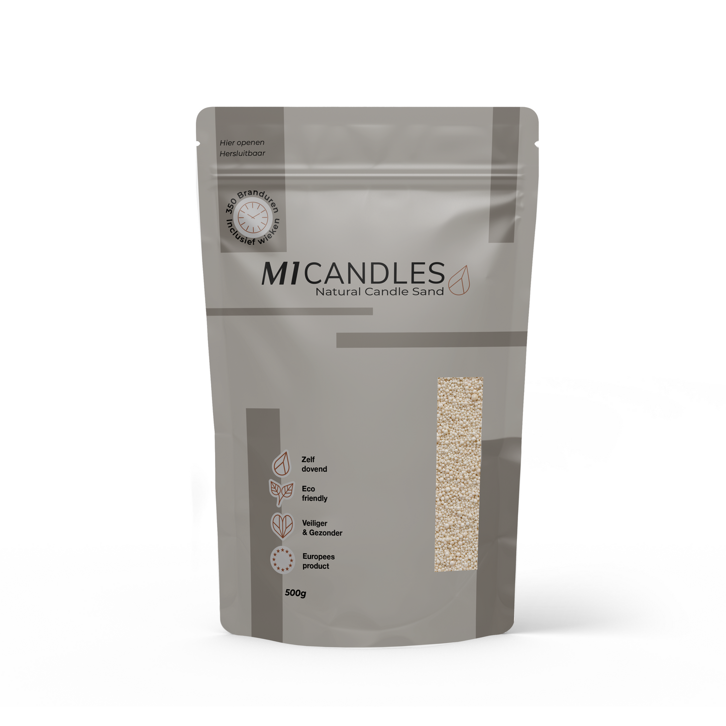 Herbruikbare verpakking van 500g M1 Candles kaarsenzand sand, eco friendly, zelfdovend en geproduceerd in Europa.