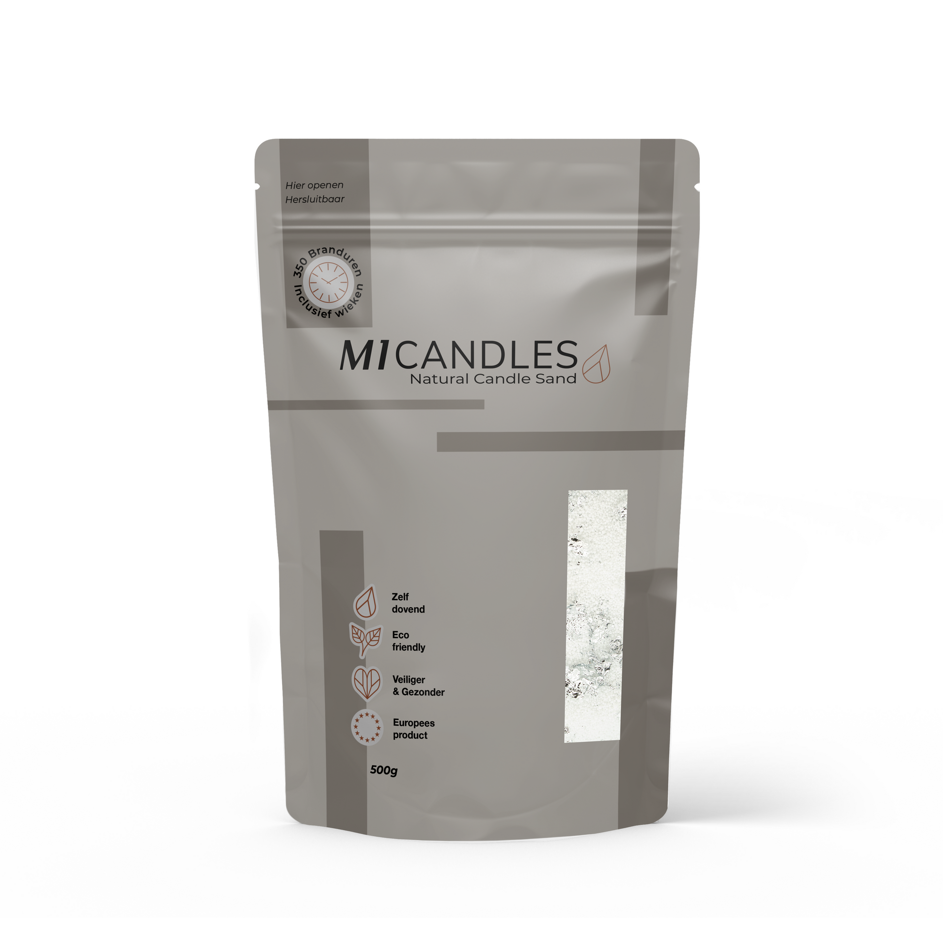 Herbruikbare verpakking van 500g M1 Candles kaarsenzand silver mess , eco friendly, zelfdovend en geproduceerd in Europa.