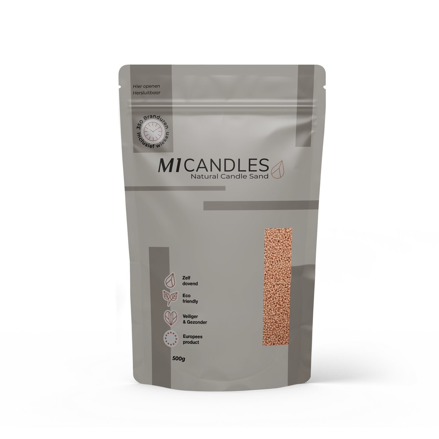 Herbruikbare verpakking van 500g M1 Candles kaarsenzand terra cotta, eco friendly, zelfdovend en geproduceerd in Europa.