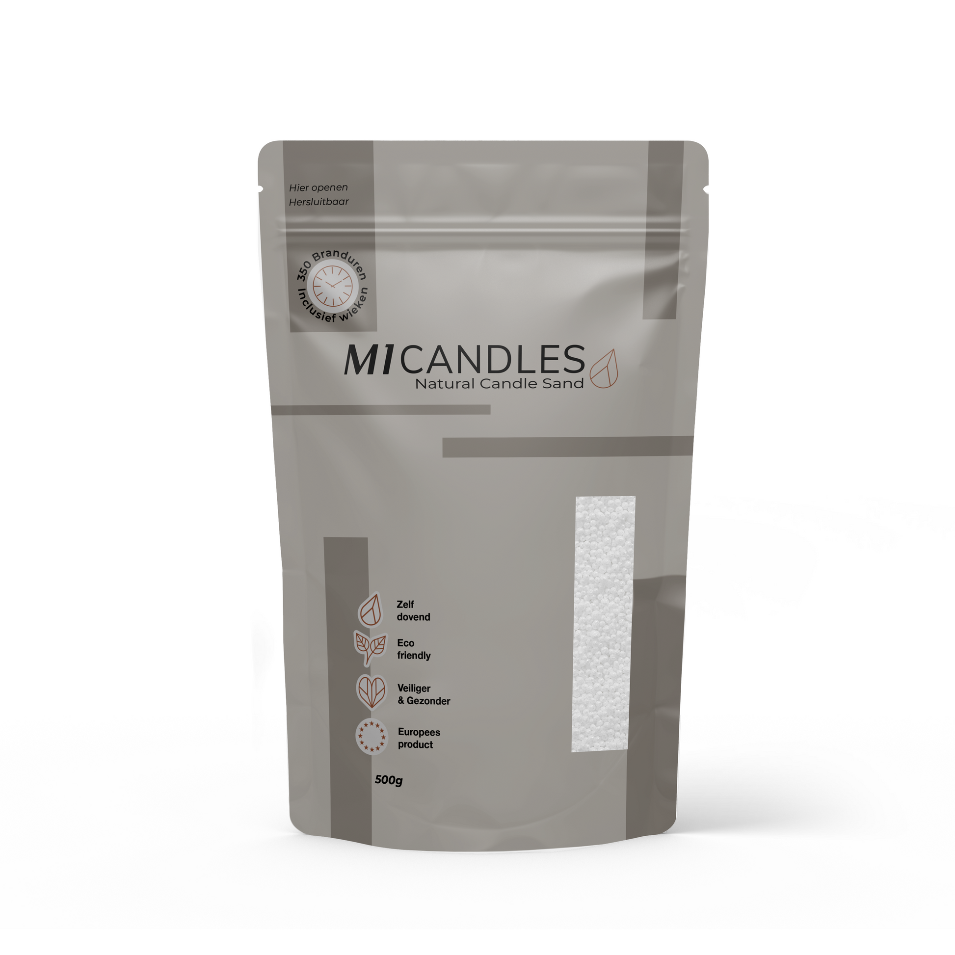 Herbruikbare verpakking van 500g M1 Candles kaarsenzand snow white, eco friendly, zelfdovend en geproduceerd in Europa.