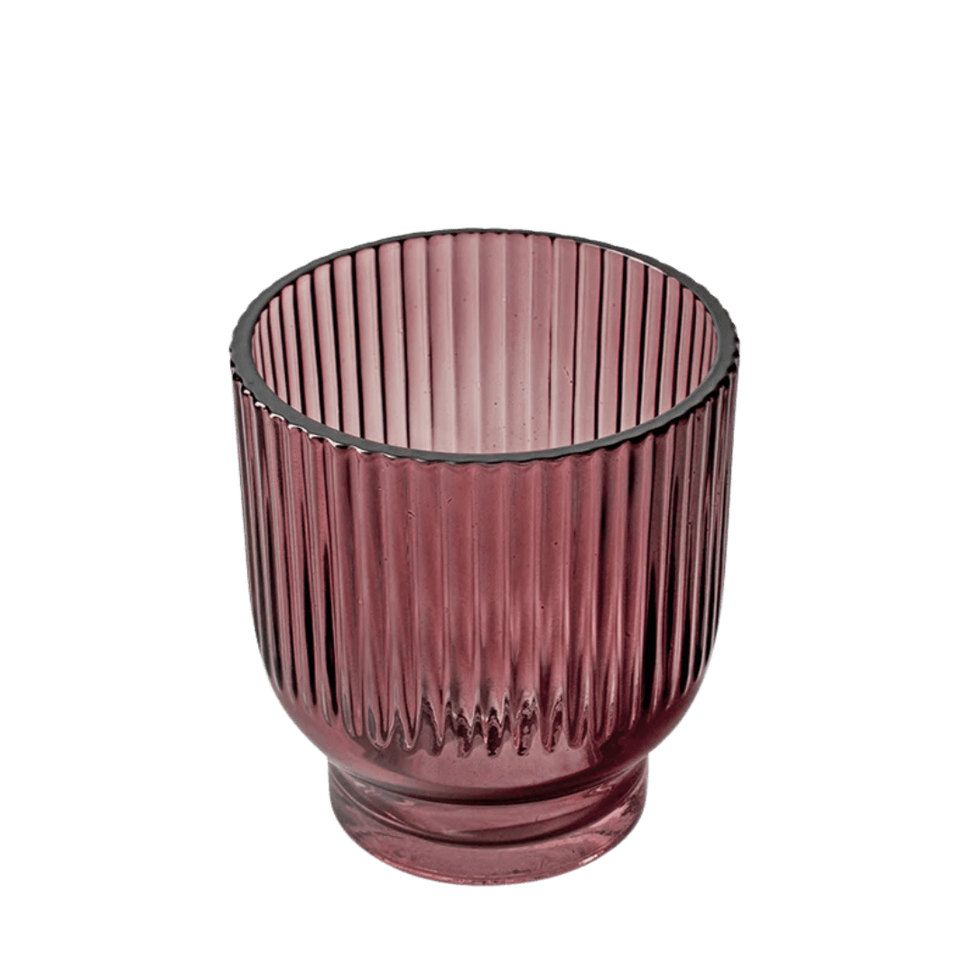 glazen houder met geribbeld design, verkrijgbaar in meerdere kleuren en perfect geschikt voor kaarsenzand.
